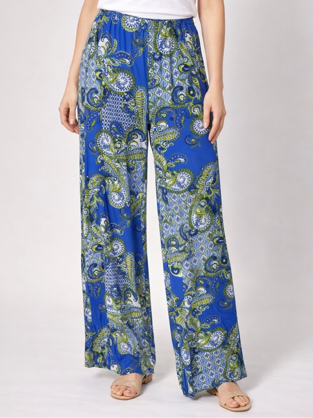 Zac & Rachel Paisley Wide Leg Flowy Trouser Pants Blue Green Large NWT Resort